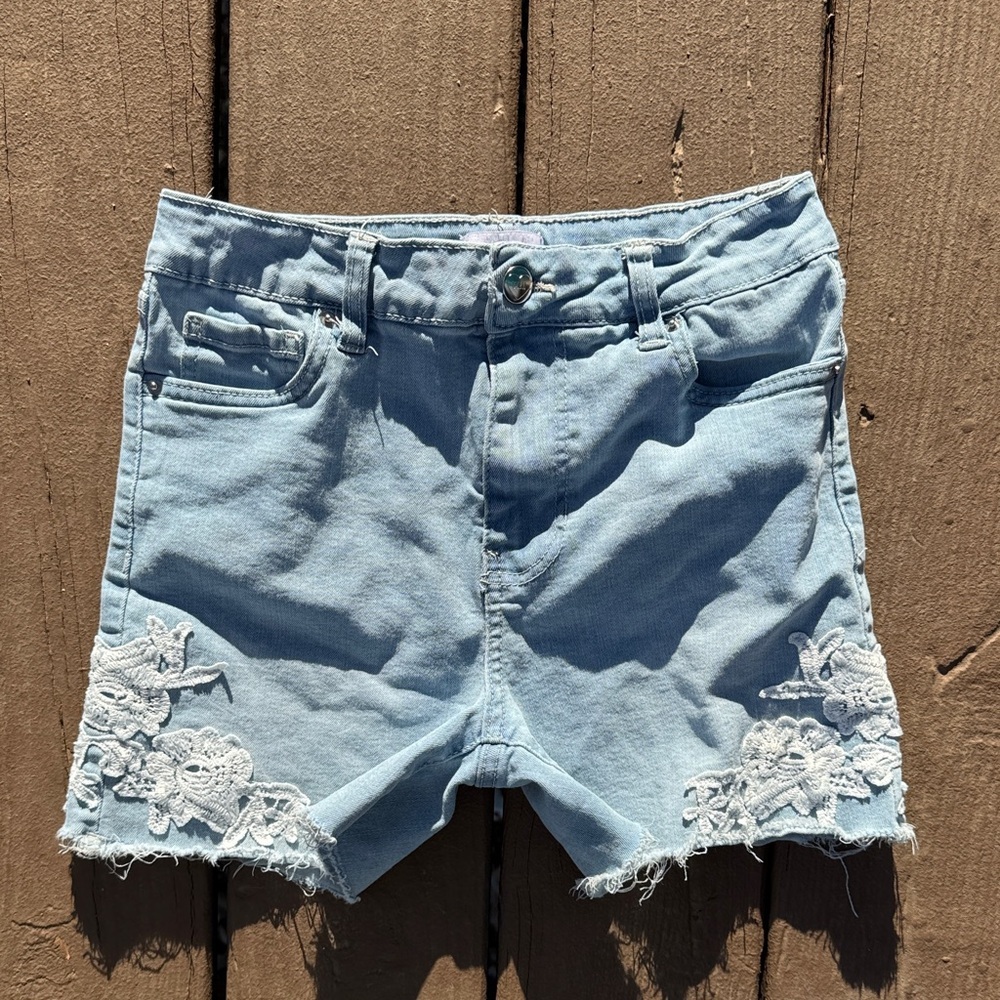 YMI Girls Light Blue Denim Shorts with White Floral Lace Trim